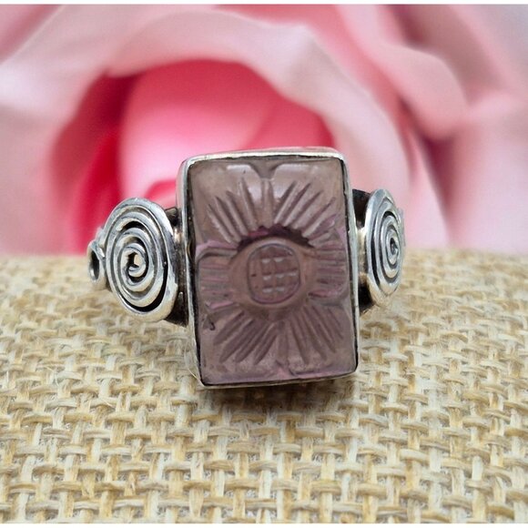 Sterling Silver Swirl Ring Size 8.5 Square Purple Etched Flower Boho Cute - Picture 3 of 9